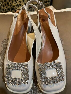 Embellished White Slingback Mules with Crystal Buckle